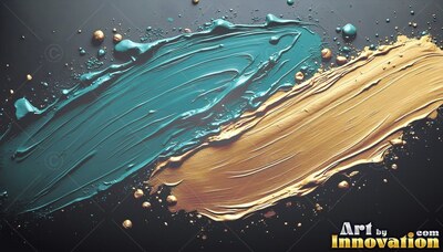 Angled diagonally on a black surface, thick teal and yellow-gold paint curves