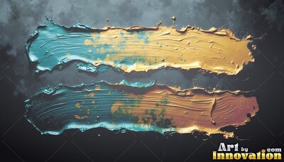 Two thick smears of teal and yellow-gold paint across a dark slate surface
