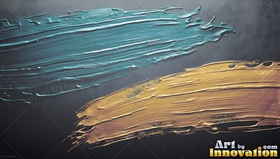 On a dark surface, thick teal and gilded paint streaks curve across the space