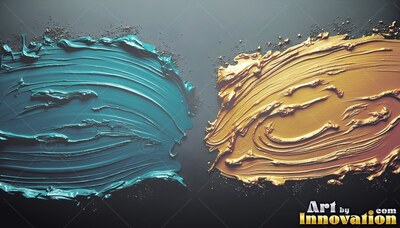 Curving across dark slate, thick smears of teal and golden paint face each other