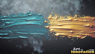 Thick blue and metallic gold paint strokes meet on a dark surface