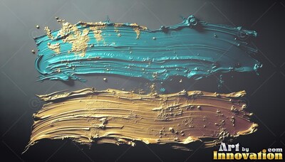 Gold flecks pressed into thick teal and yellow paint strokes across a smooth gray surface