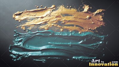 Thick paint smears across a dark surface, reflecting light off gold and teal ridges