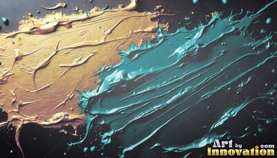 Angled across a dark surface, thick teal and gold paint smears together