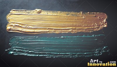 Thick streaks of gold and dark teal paint swept across a black surface