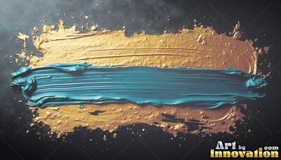 On a dark slate surface, a thick teal paint streak rests over textured metallic gold paint