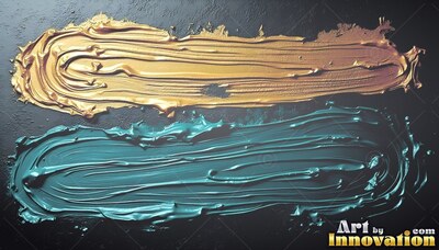 Stretching horizontally, thick gold and teal paint strokes sit on a dark surface