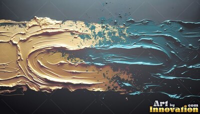 Thick gold and blue paint smeared across a black surface