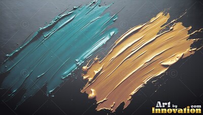 Thick ridges of teal and gilded paint sweep diagonally across a dark flat surface