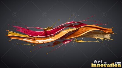 Ribbons of red and orange paint splash through dark air, catching bright glossy light