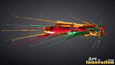 Horizontal splash of red, green, and yellow paint against gray