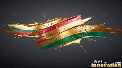 Thick streaks of gold, green and red wet paint splash across a black background
