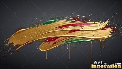 Across a deep gray wall, thick metallic gold paint curves over red and green streaks