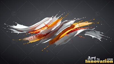 Splashing across a dark backdrop, thick strokes of white and orange paint twist together