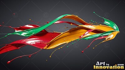 Red, yellow, and green paint splashes in midair
