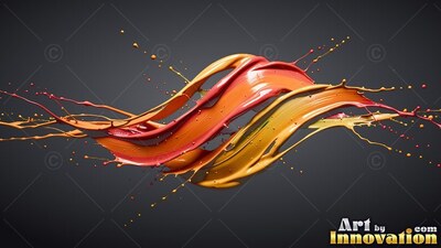 Glossy red and orange paint sweeps horizontally in thick ribbons over dark gray background