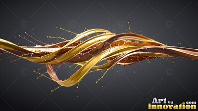 Ribbons of liquid bronze and gold twist horizontally, scattering fine droplets across dark gray