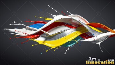 Curving sideways against dark gray, thick splashes of paint twist together