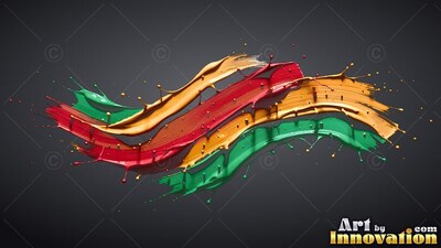 Splashes of red, green, and yellow paint sweeping across a dark gray backdrop
