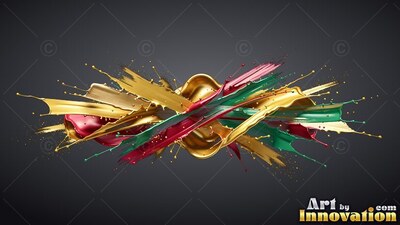 Against a deep background, thick splashes of gold, green and scarlet paint cross each other