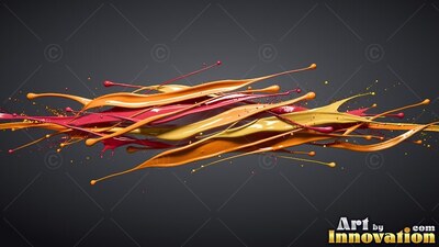Splashing across dark gray backdrop, streaks of glossy orange, yellow, and red paint stretch out sideways