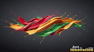 Thick ribbons of red, yellow, and green paint twist horizontally against dark gray