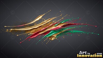 Gold, red, and green paint splashes horizontally across a dark background with shiny highlights