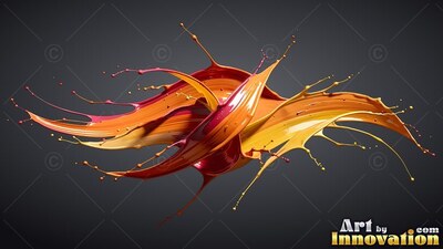 Twisting across the dark space, glossy red and yellow paint splashes out
