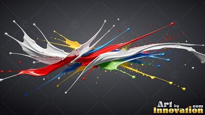 Splashes of red, white and blue paint fly over dark gray backdrop