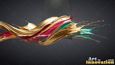 Against a charcoal gray background, ribbons of gold, red, and green paint splash together