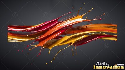 Splashing across a shadowed background, dense red and yellow paint strokes fling drops