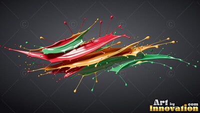 Glossy red and green droplets fly off thick yellow paint splashes across a dark gray backdrop