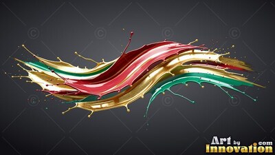 Paint splashes twist in a wide wave, catching bright highlights along glossy red and gold