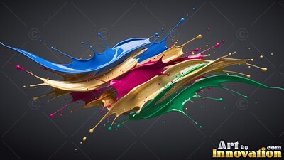 Splashing over a dark gray backdrop, thick blue and gold liquid paint