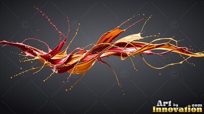 Thick ribbons of red and orange paint splash across a dark gray background