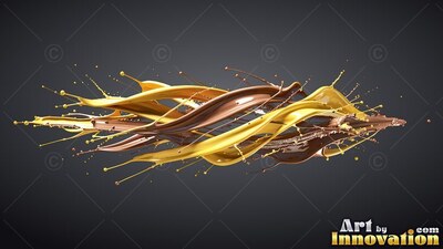 Against a dark gray backdrop, ribbons of yellow and brown liquid splash together