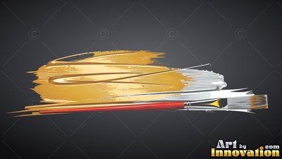 Resting below thick gold and silver strokes, a red paintbrush lies on a dark background