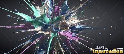 Splattering outward against dark gray, teal, silver and purple paint bursts into glossy spikes