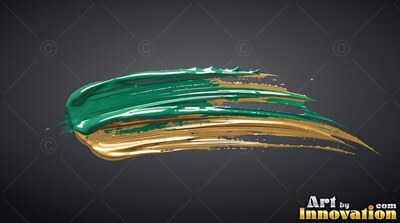 Ridged with wet bristles, a sweep of teal paint mixed with gold rests on dark gray
