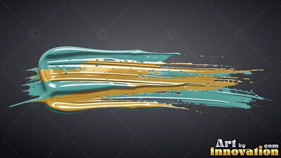 Thick teal and yellow paint runs across a dark surface with wet highlights