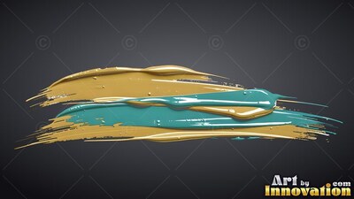Stretching horizontally on top of dark gray backdrop, thick gold and teal paint runs across