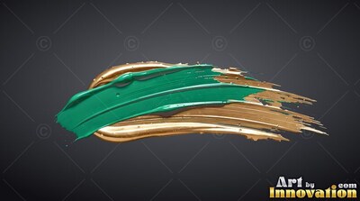 On a dark gray backdrop, a thick smear of teal and gold paint curves across