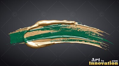 Sweeping horizontally, thick green and gold paint streaks cross a dark gray backdrop