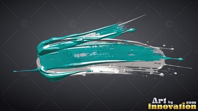 A thick teal and silver paint stroke on a dark gray backdrop