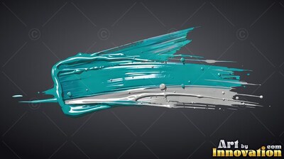 Thick ridged teal and silver paint stretches horizontally across a dark gray space