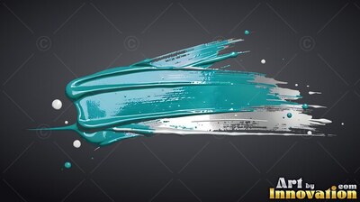 A thick teal paint smear sweeps over silver on black, catching bright highlights