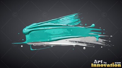 Angled horizontally against dark gray, a thick stroke of teal paint