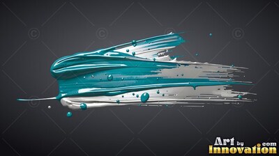 Thick teal and silver paint swept over a dark gray background