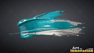 On a dark gray background, a thick teal and silver paint streak stretches sideways
