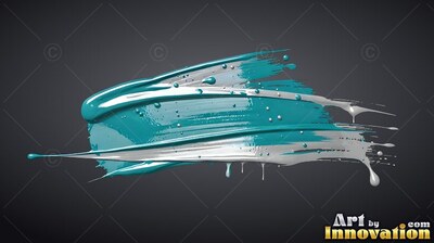 Sweeping horizontally, thick teal and silver paint drips on top of dark gray backdrop